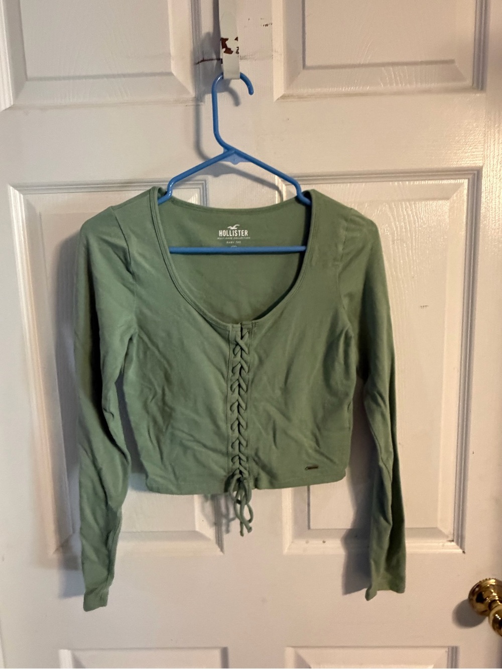 Hollister Sage Green Front Lace-Up Long Sleeve Crop Top